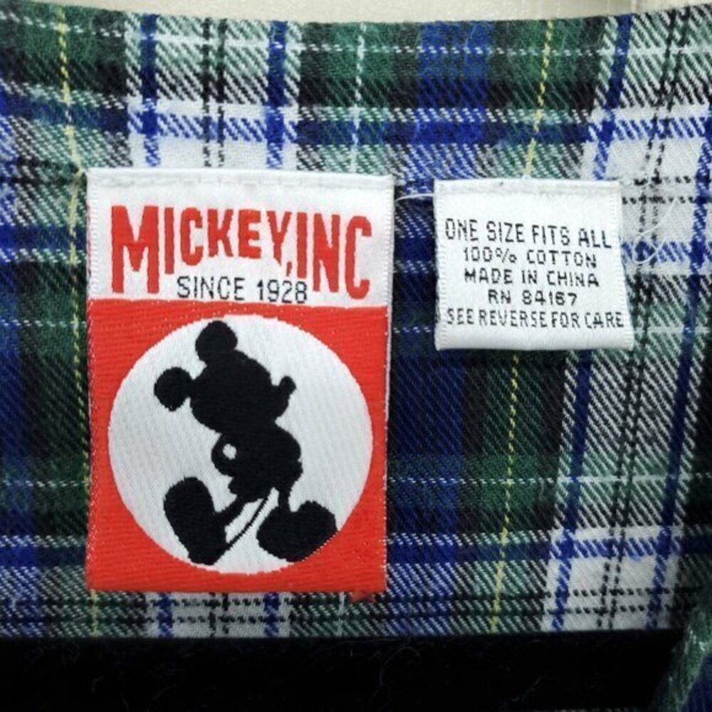 VTG 90s Disney 100% Cotton Flannel Plaid V-Neck Mickey Nightshirt OS Green/Blue - Picture 3 of 15
